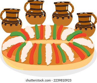 Traditional mexican Rosca de Reyes with four jarritos (jugs).