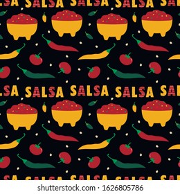 Traditional mexican salsa sauce, dish and vegetables vector seamless pattern background.