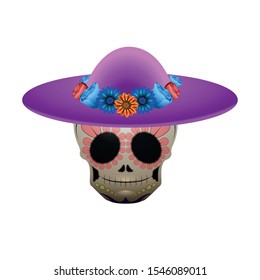 Traditional mexican skull with a flower hat- Vector illustration