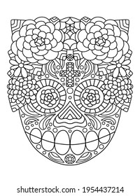 Traditional Mexican Skull with flower wreath coloring page stock vector illustration. Hand-drawn skull with marigold and daisy flowers on top and cross on forehead black outline white isolated