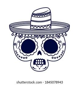 traditional mexican skull with hat head line style icon vector illustration design
