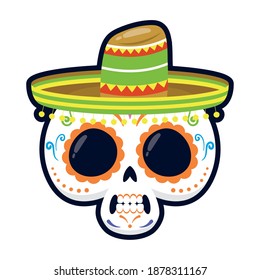 traditional mexican skull with hat head flat style icon vector illustration design