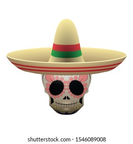 Traditional mexican skull with a hat - Vector illustration