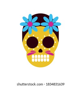 traditional mexican skull head with flowers flat style icon vector illustration design