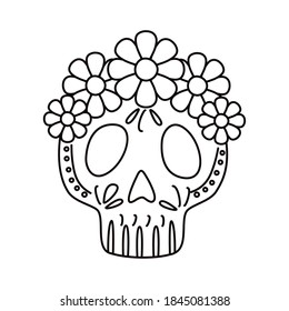 traditional mexican skull head with flowers line style icon vector illustration design