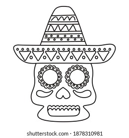 traditional mexican skull head and mexican hat line style icon vector illustration design