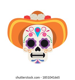 traditional mexican skull head with maricahi hat vector illustration design