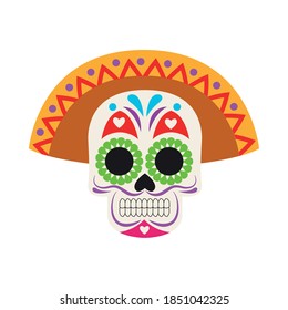 traditional mexican skull head with maricahi hat vector illustration design