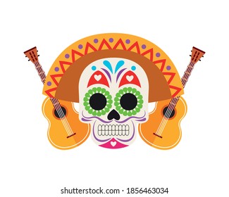 traditional mexican skull head with maricahi hat and guitars vector illustration design