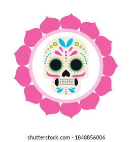 traditional mexican skull head with petals frame vector illustration design