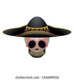 Traditional mexican skull with a mariachi hat - Vector illustration
