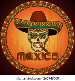 Traditional mexican skull with sombrero. Vector skull in mexican hat with cigar. Mexican ornament