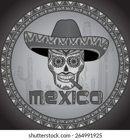 Traditional mexican skull with sombrero. Vector scull in mexican hat with cigar. Mexican ornament