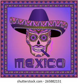 Traditional mexican skull with sombrero. Vector skull in mexican hat with cigar. Mexican ornament