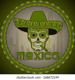 Traditional mexican skull with sombrero. Vector skull in mexican hat with cigar. Mexican ornament