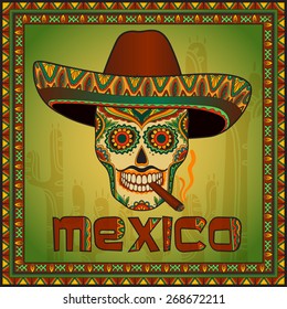 Traditional mexican skull with sombrero. Vector scull in mexican hat with cigar. Mexican ornament