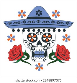 Traditional Mexican skull. Sugar skulls decorated with colorful patterns. One wearing Mexican Sombrebo hat. Mexican skull with sombrero. Vector skull in Mexican hat. 2298