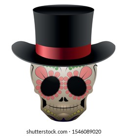 Traditional mexican skull with a top hat - Vector illustration