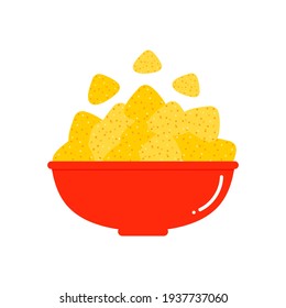 Traditional mexican snack nacho chips, tortilla chips in big red bowl cartoon style icon, illustration.