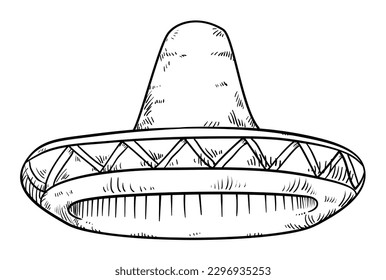 Traditional Mexican sombrero or charro hat in hand drawn style on white background.