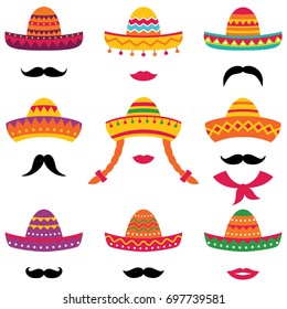 Traditional Mexican sombrero hats, vector set