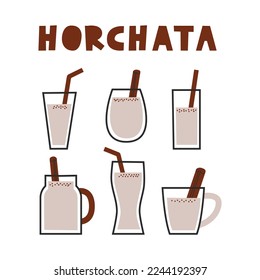 Traditional Mexican and Spanish drink horchata clipart collection. Rice and cinnamon beverage set. Vector flat illustration.