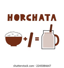 Cocina tradicional mexicana y española con horchata. Bebida de arroz y canela en fórmula de jarra de albañil. Ilustración plana vectorial.