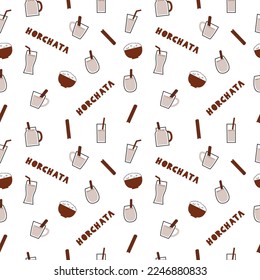 Traditional Mexican and Spanish drink horchata seamless pattern. Rice and cinnamon beverage background. Vector flat illustration.