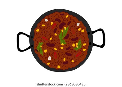 Traditional Mexican spicy food Chili con carne with beans, green and corn in cast iron pan. Flat lay