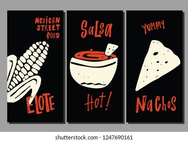 Traditional mexican street food. Set of hand drawn templates. Elote, nachos, salsa. Vector illustration