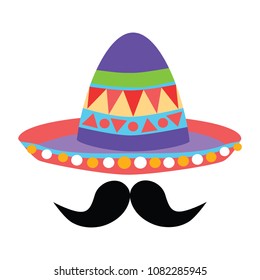 A traditional Mexican style hat/Sombrero with black moustache. Vector illustration of male character.