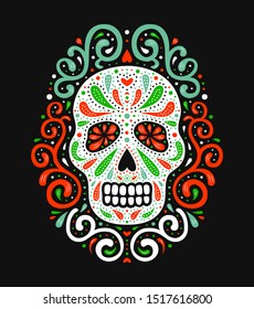 Traditional mexican sugar skull. Ornate decorative human skeleton head on the dark background. Latin american Day of the Dead celebration symbol. National flag colored EPS 10 vector illustration.