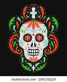 Traditional mexican sugar skull. Ornate decorative human skeleton head on the dark background. Latin american Day of the Dead celebration symbol. National flag colored EPS 10 vector illustration.