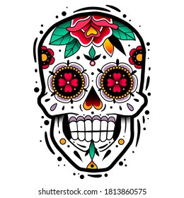 Traditional mexican sugar skull. Vector illustration. Dia de los muertos shugar colorful head.