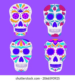 Traditional mexican sugar skulls vector illustration. Day of the Dead symbol. Set of hand drawn decorated skulls. Design for print, sticker, poster, pattern.
