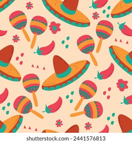 traditional Mexican symbols and decorative folk elements. vector seamless pattern.