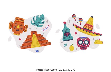 Traditional Mexican symbols set. Ancient aztec pyramid, tequila bottle, sombrero hat, sugar skull cartoon vector illustration