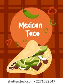 Traditionelles mexikanisches Taco. mexikanische Mehltortillen, gefüllt mit Fleisch und Gemüse auf rotem Hintergrund mit Chilischoten. Vertikales Vektorplakat der lateinamerikanischen Schale