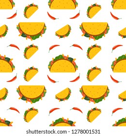 Traditional mexican taco. Taco logo for restaurant or cafe design. Mexican food. Vector illustration seamless pattern.