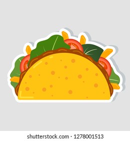 Traditional mexican taco. Spicy delicious tacos with beef or chicken, meat sauce, green salad and red tomato. Taco logo for restaurant or cafe design. Mexican food. Vector illustration.