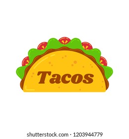 Traditional mexican tacos food bar isolated illustration. Spicy delicious vector taco with beef, meat sauce, green salad and red tomato with big sign Tacos for food truck logo