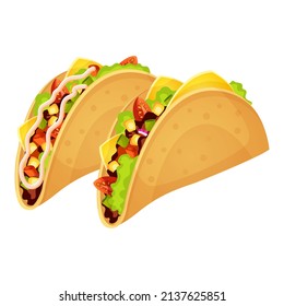 Traditional Mexican tacos with meat and vegetables and cheese isolated on a white background cartoon vector illustration