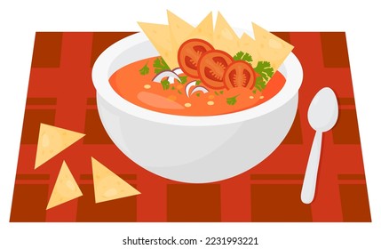 Traditional Mexican Tomato Soup. Vector illustration of Latin American national dish popular soup puree flat style for design and decoration menu, culinary themes
