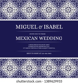 Traditional mexican wedding invite card template vector. Vintage floral tile pattern with white and navy blue. Talavera background for save the date design or invitation party. 