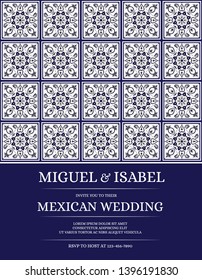 Traditional mexican wedding invite card template vector. Vintage floral tile pattern with white and navy blue. Sicily background for save the date design or invitation party. 