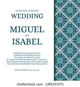 Vector de plantilla de carta de invitación de boda mexicana tradicional. Tejido de mosaico vintage con textura verde, azul y turquesa. Fondo retro para guardar el diseño de fecha o la fiesta de invitación. 