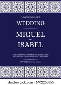 Traditional mexican wedding invite card template vector. Vintage floral tile pattern with white and navy blue. Ceramic background for save the date design or invitation party.