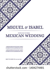 Traditional mexican wedding invite card template vector. Vintage floral tile pattern with white and navy blue. Geometric background for save the date design or invitation party.