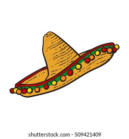 Traditional Mexican wide brimmed sombrero hat, sketch style vector illustration isolated on white background. Hand drawn Mexican sombrero