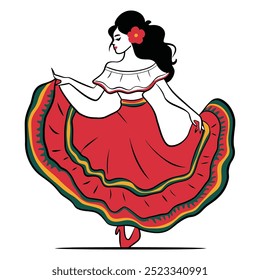 Mujer mexicana tradicional que baila en vestido rojo